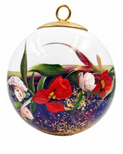 Boule de Noël fleurs réf. 18, fleurs rouges et blanches, dessous violet sombre, vue 1