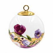 Boule de Noël fleurs en porcelaine 5,5 cm, référence 37, fleurs blanches et violettes, dessous rose nuancé, vue 3.