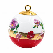 Boule de Noël fleurs en porcelaine 5,5 cm, référence 44, fleurs violettes et bordeaux, dessous rouge orangé, vue 4.