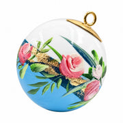 Boule de Noël fleurs en porcelaine 5,5 cm, référence 46, roses roses et fleurs claires, dessous bleu ciel, vue 1.