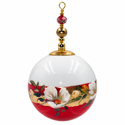 Boule de Noël fleurs avec perles 6,5 cm, référence 01 — fleurs blanches et dorures sur rouge, vue 2