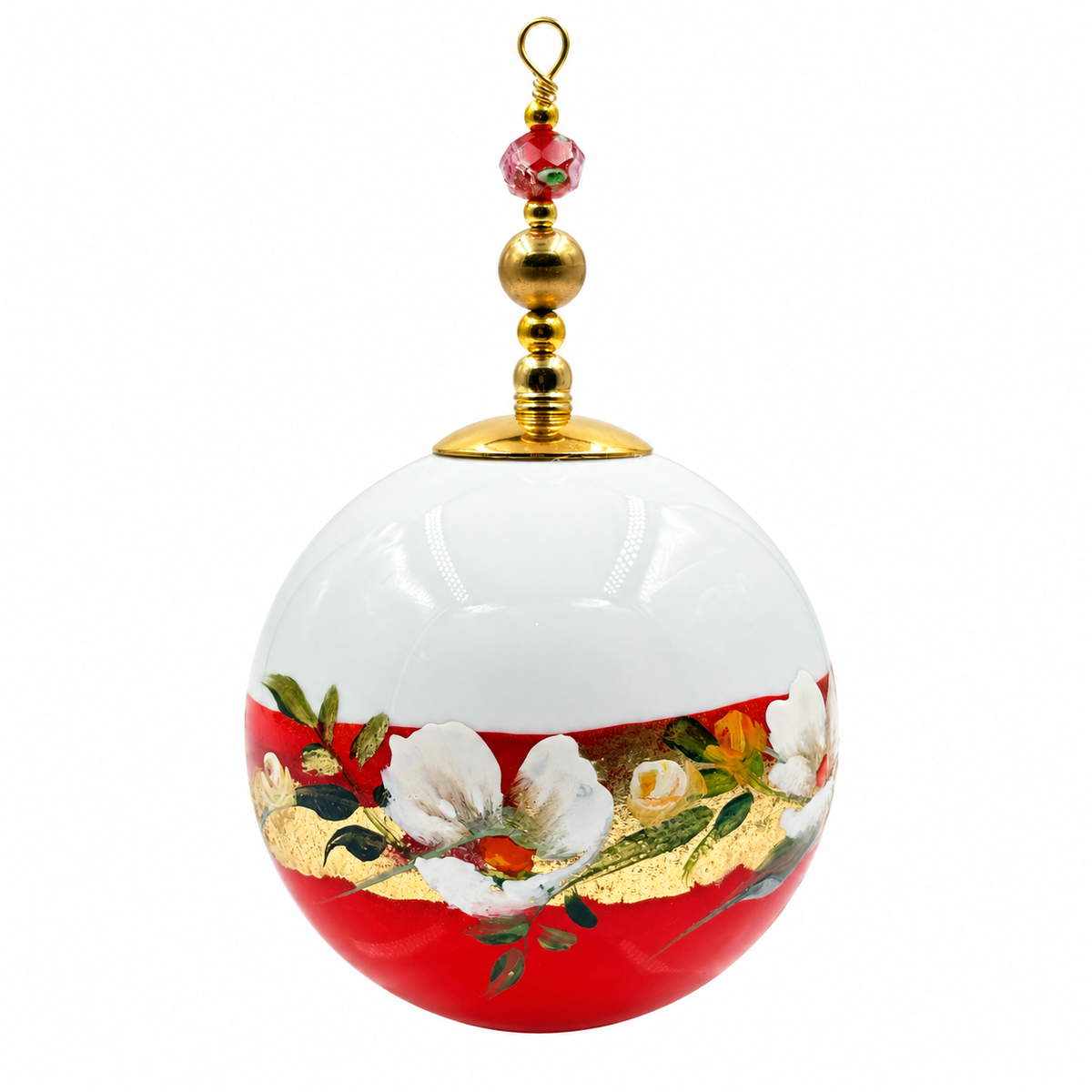 Boule de Noël fleurs avec perles 6,5 cm, référence 01 — fleurs blanches et dorures sur rouge, vue 4