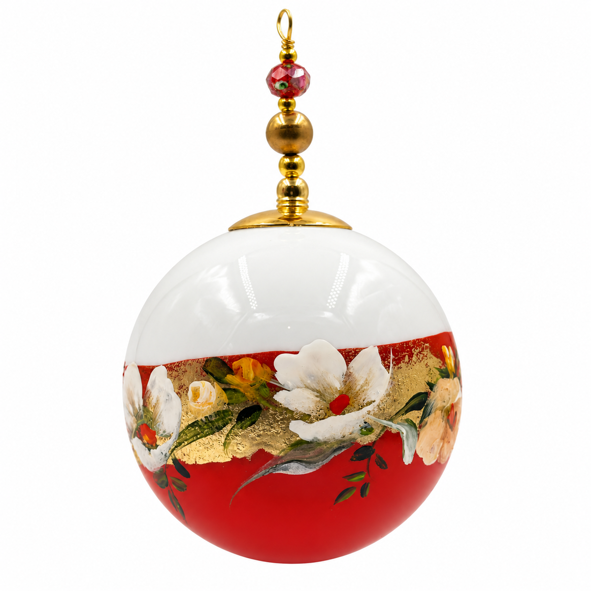 Boule de Noël fleurs avec perles 6,5 cm, référence 01 — fleurs blanches et dorures sur rouge, vue 5