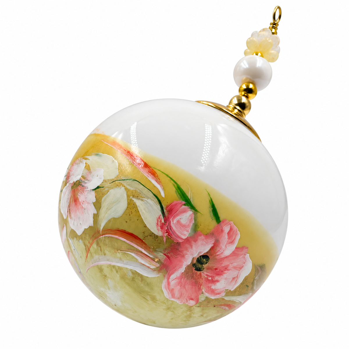 Boule de Noël fleurs avec perles 6,5 cm, référence 02 — fleurs roses sur jaune pastel, vue 1