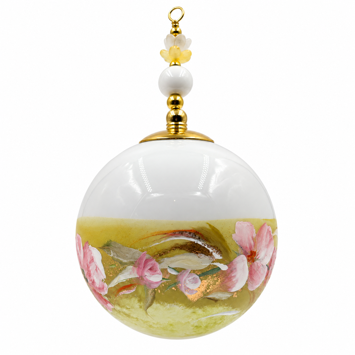 Boule de Noël fleurs avec perles 6,5 cm, référence 02 — fleurs roses sur jaune pastel, vue 4
