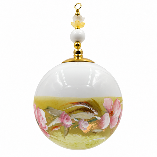 Boule de Noël fleurs avec perles 6,5 cm, référence 02 — fleurs roses sur jaune pastel, vue 4