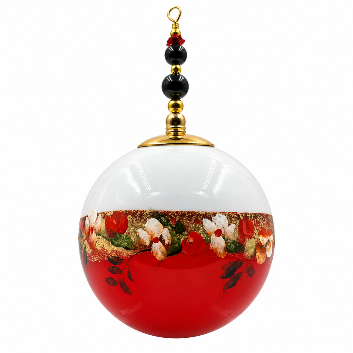 Boule de Noël fleurs avec perles 6,5 cm, référence 03 — guirlande fleurie et dorures sur rouge, vue 5