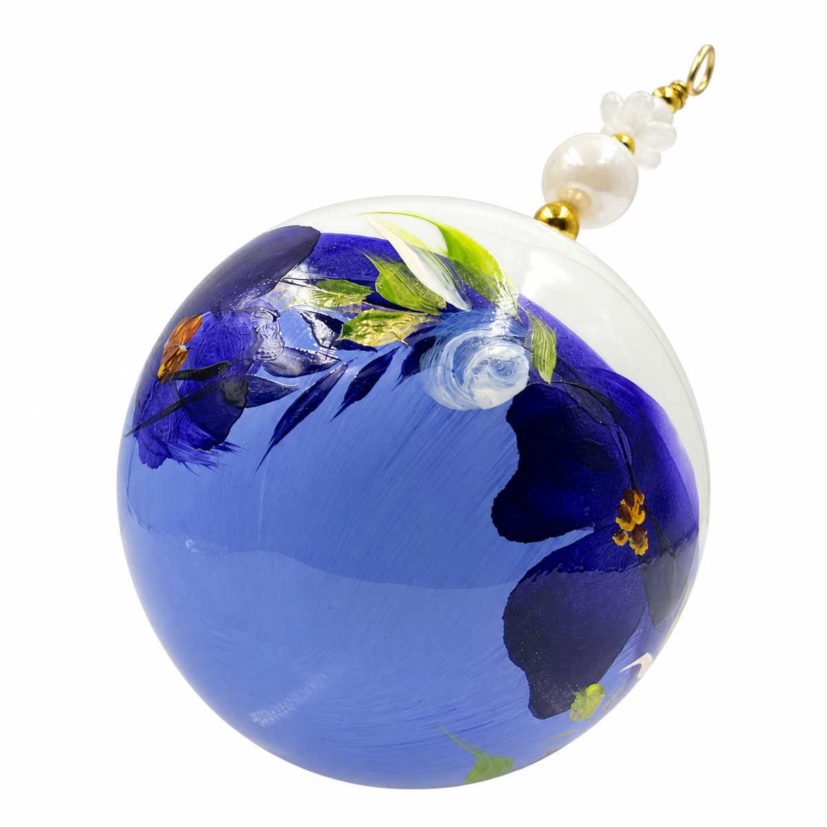 Boule de Noël fleurs avec perles 6,5 cm, référence 04 — grandes fleurs bleu profond, vue 1