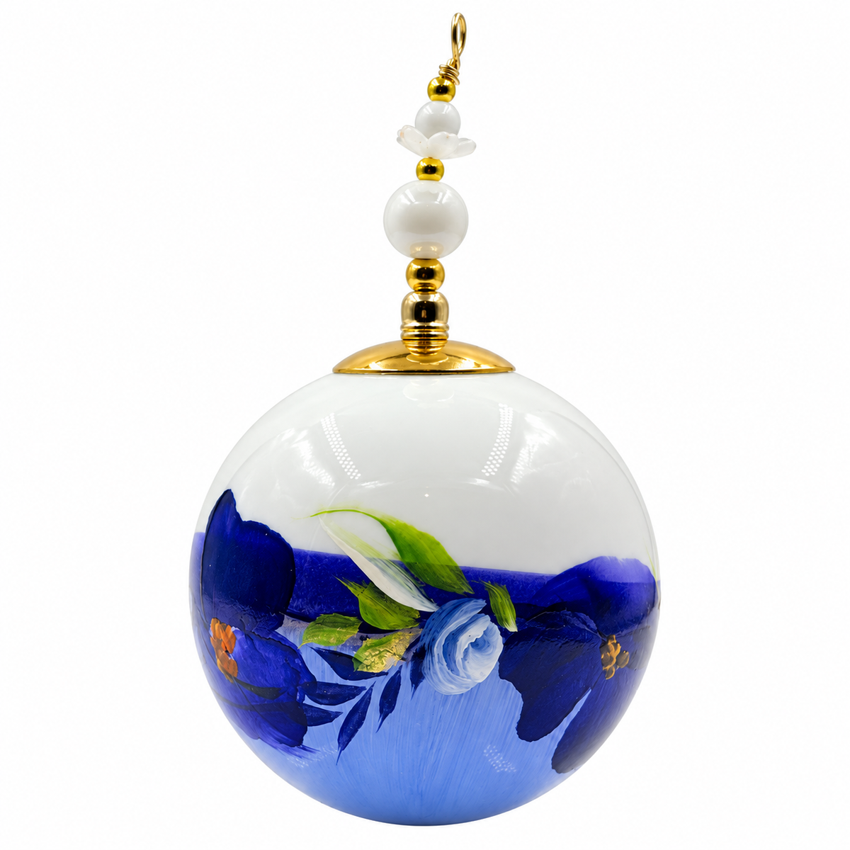 Boule de Noël fleurs avec perles 6,5 cm, référence 04 — grandes fleurs bleu profond, vue 2