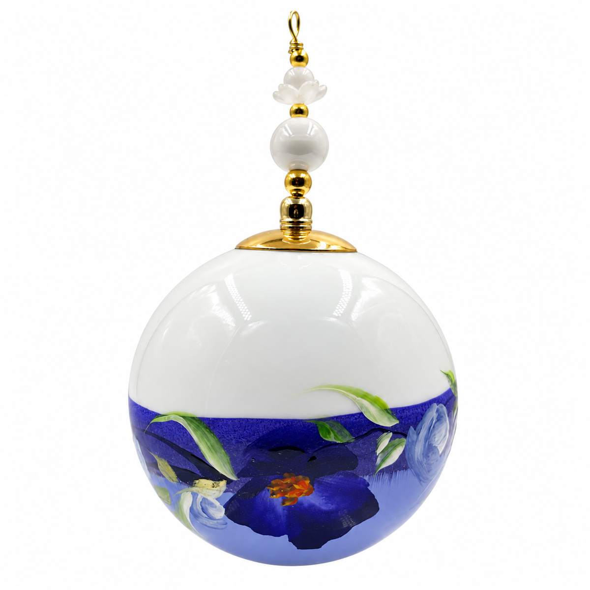Boule de Noël fleurs avec perles 6,5 cm, référence 04 — grandes fleurs bleu profond, vue 4
