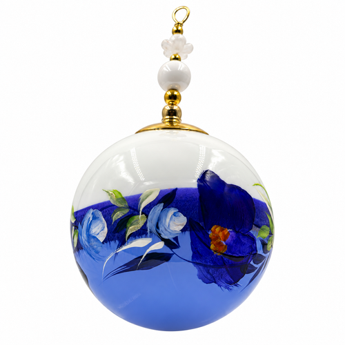 Boule de Noël fleurs avec perles 6,5 cm, référence 04 — grandes fleurs bleu profond, vue 5