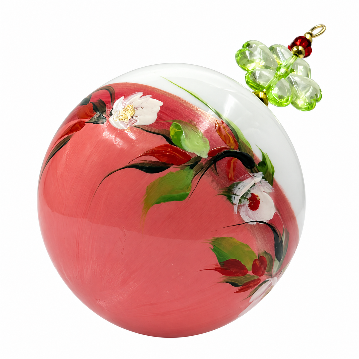 Boule de Noël fleurs avec perles 6,5 cm, référence 06 — fleurs blanches sur rose, vue 1
