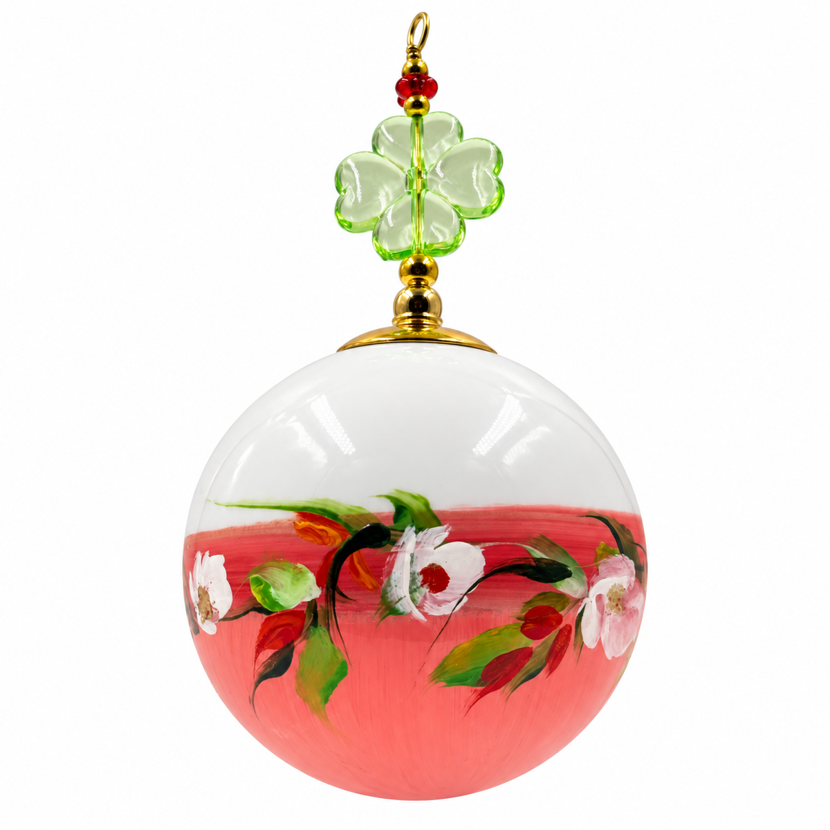 Boule de Noël fleurs avec perles 6,5 cm, référence 06 — fleurs blanches sur rose, vue 2
