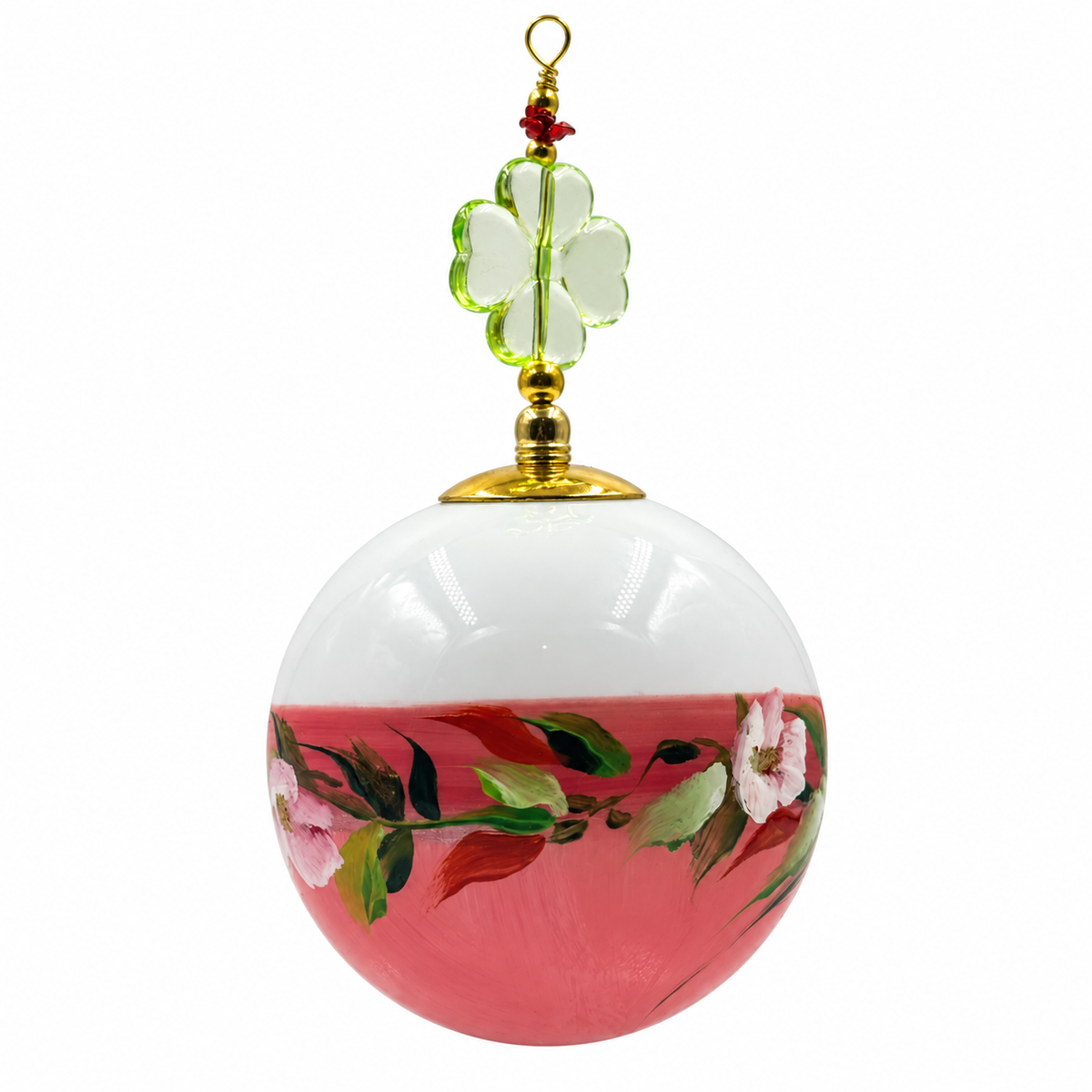 Boule de Noël fleurs avec perles 6,5 cm, référence 06 — fleurs blanches sur rose, vue 3