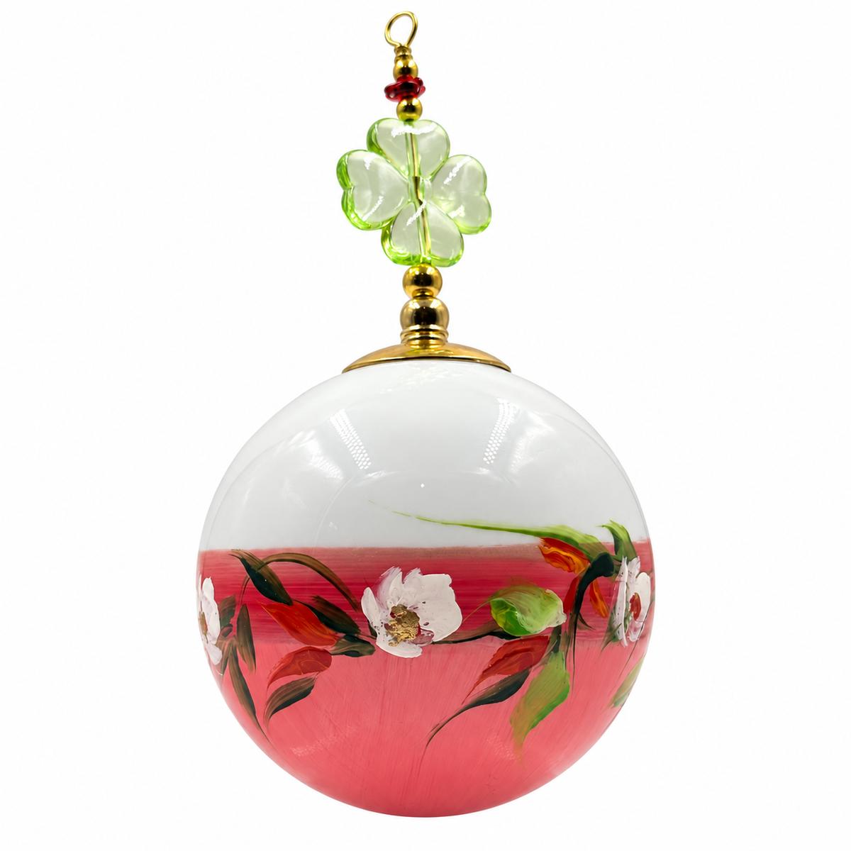 Boule de Noël fleurs avec perles 6,5 cm, référence 06 — fleurs blanches sur rose, vue 5
