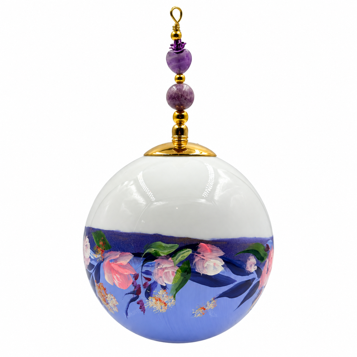 Boule de Noël fleurs avec perles 6,5 cm, référence 07 — bouquet rose sur bleu lavande, vue 5