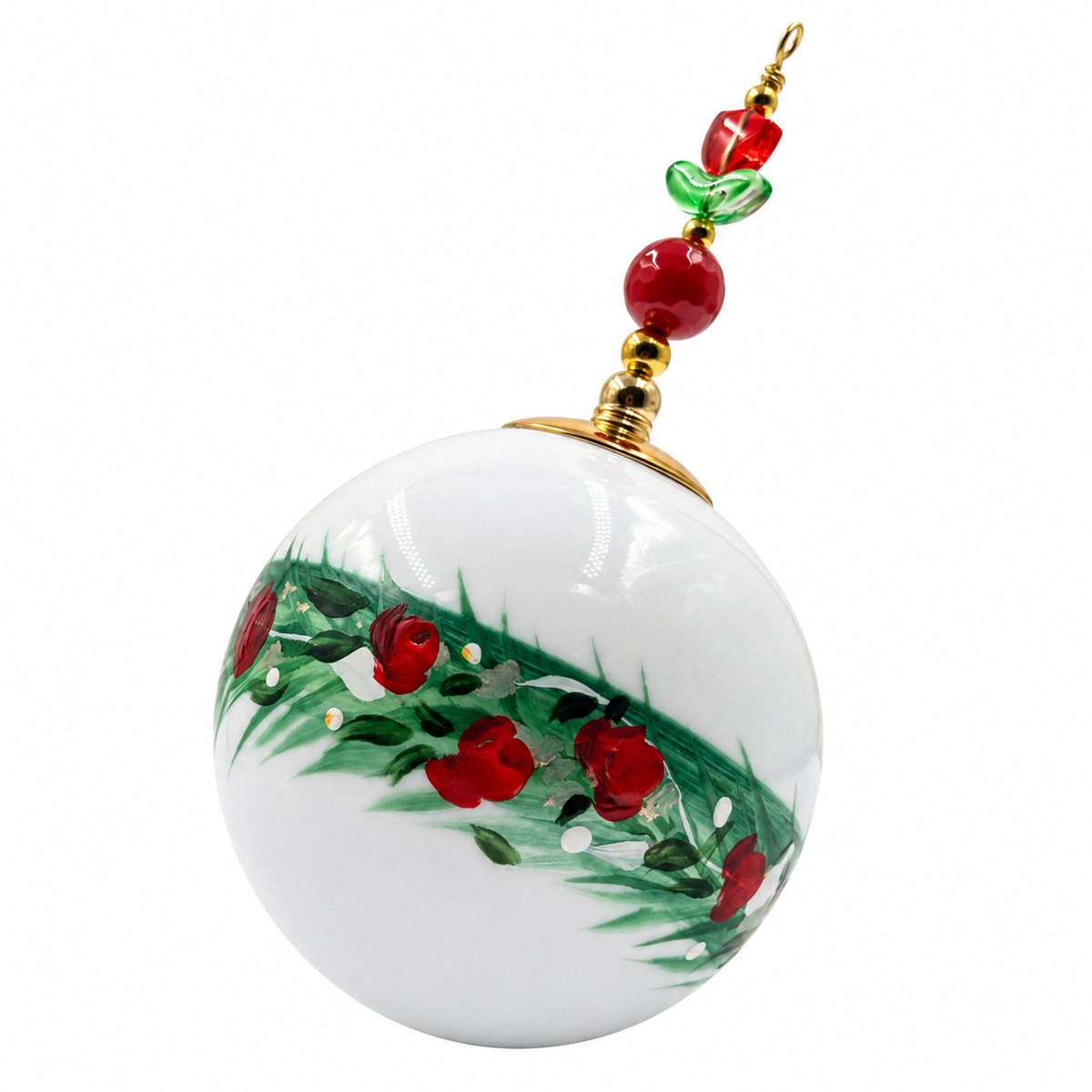 Boule de Noël fleurs avec perles 6,5 cm, référence 08 — baies rouges et feuillage vert, vue 1
