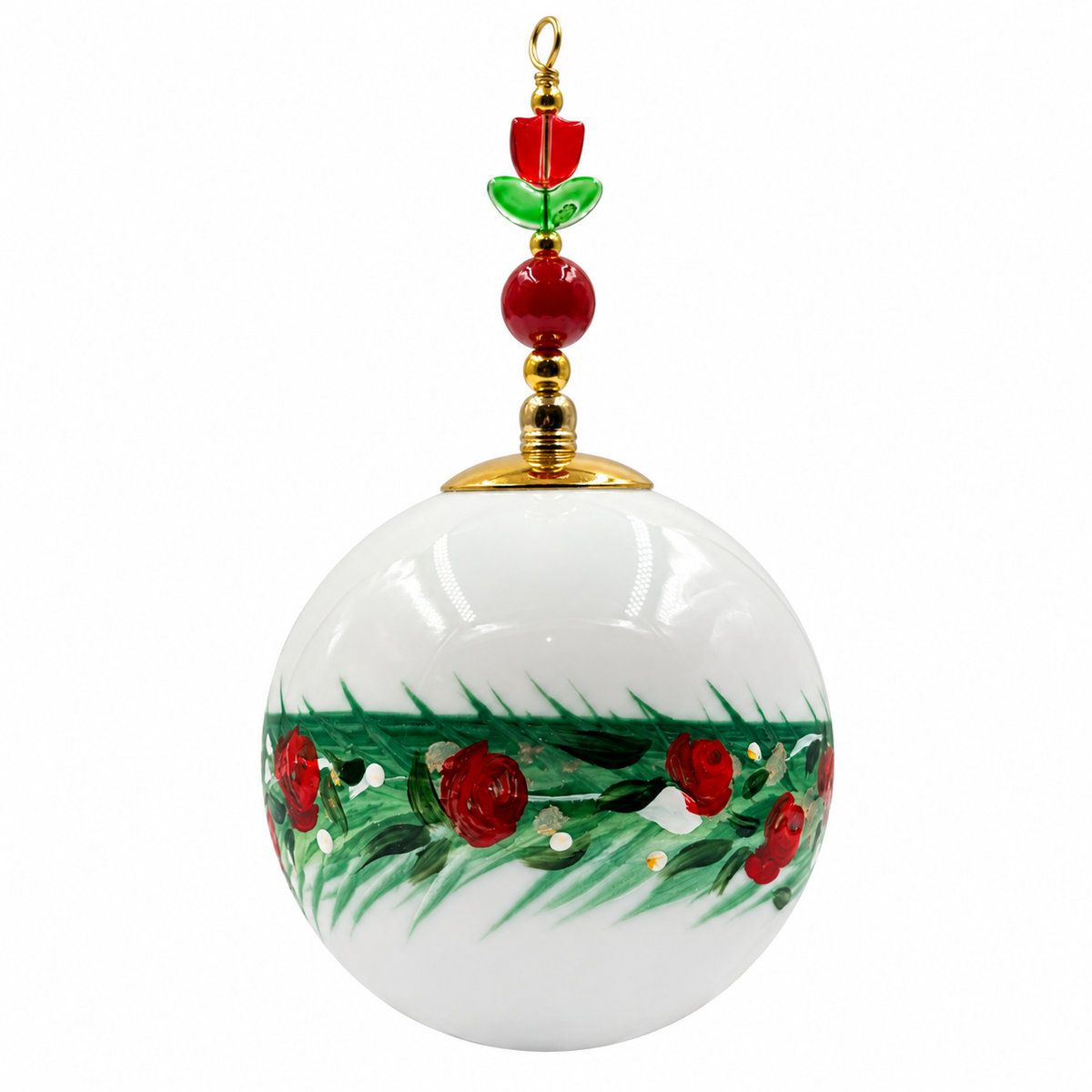 Boule de Noël fleurs avec perles 6,5 cm, référence 08 — baies rouges et feuillage vert, vue 2