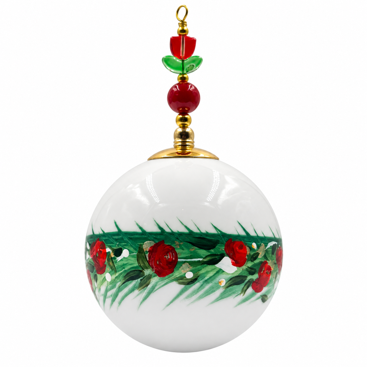 Boule de Noël avec perles 6,5 cm – Réf. 08 – Baies rouges et feuillage vert