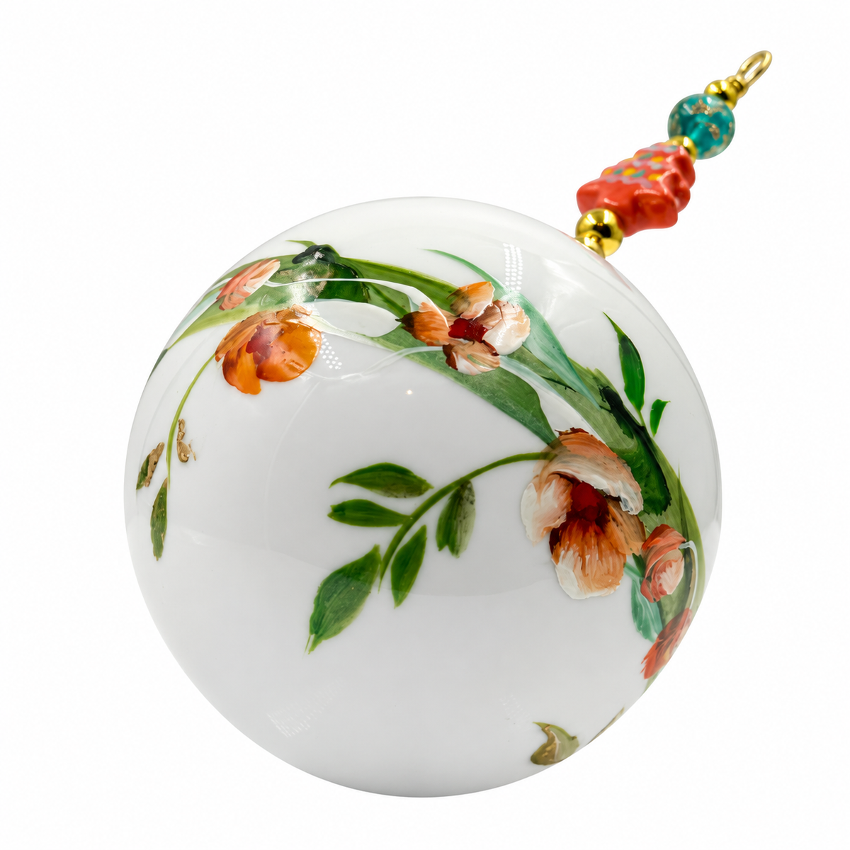 Boule de Noël fleurs avec perles 6,5 cm, référence 09 — fleurs orangées sur blanc, vue 1