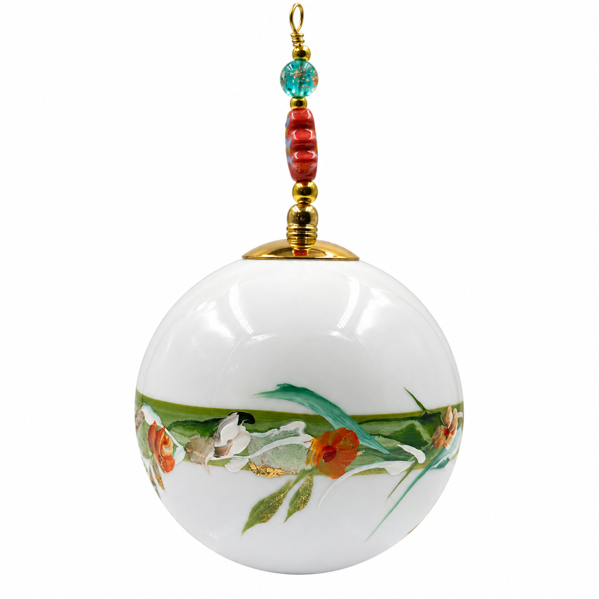 Boule de Noël fleurs avec perles 6,5 cm, référence 09 — fleurs orangées sur blanc, vue 3