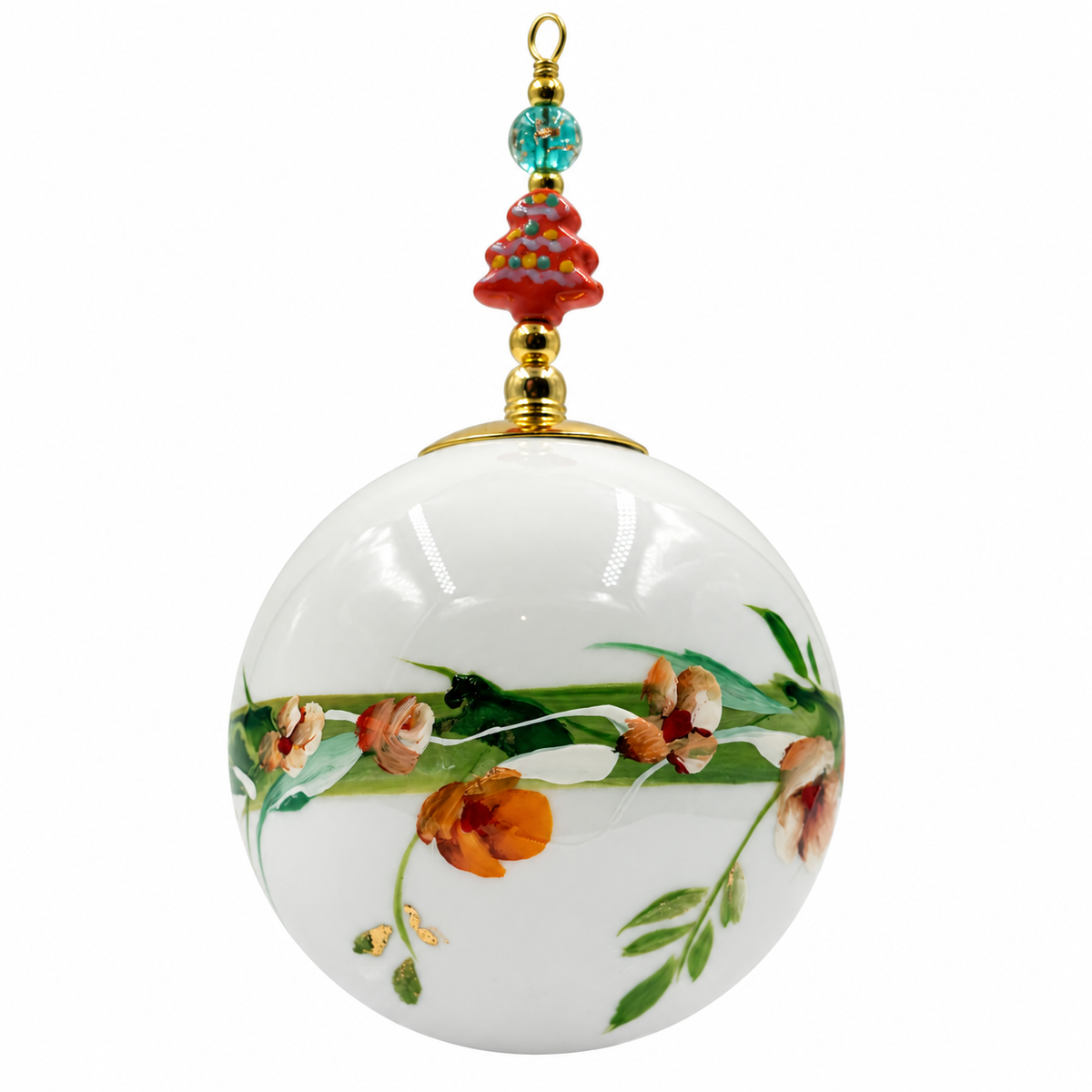 Boule de Noël fleurs avec perles 6,5 cm, référence 09 — fleurs orangées sur blanc, vue 4
