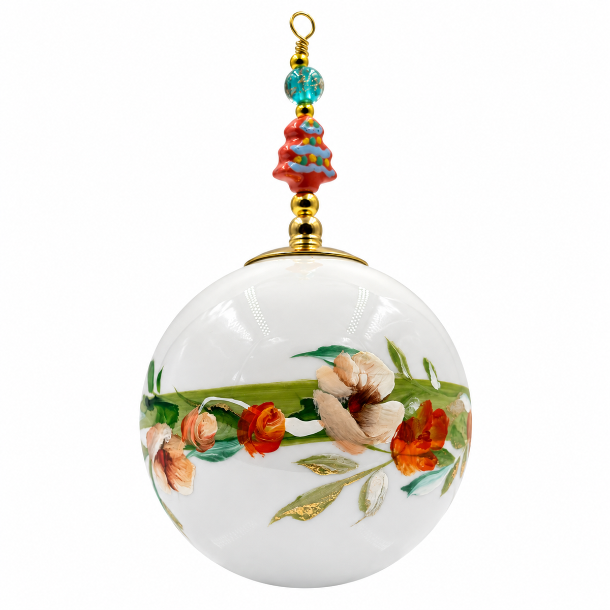 Boule de Noël avec perles 6,5 cm – Réf. 09 – Fleurs orangées sur blanc