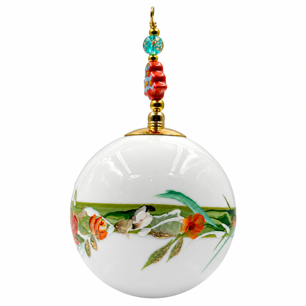 Boule de Noël fleurs avec perles 6,5 cm, référence 09 — fleurs orangées sur blanc, vue 6