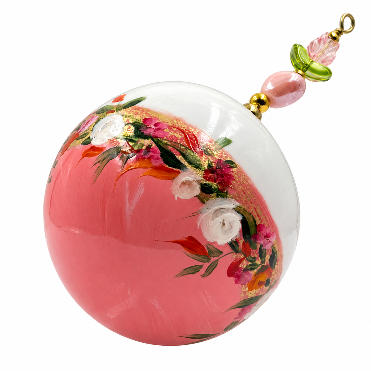 Boule de Noël fleurs avec perles 6,5 cm, référence 10 — bouquet blanc et rose sur rose, vue 1