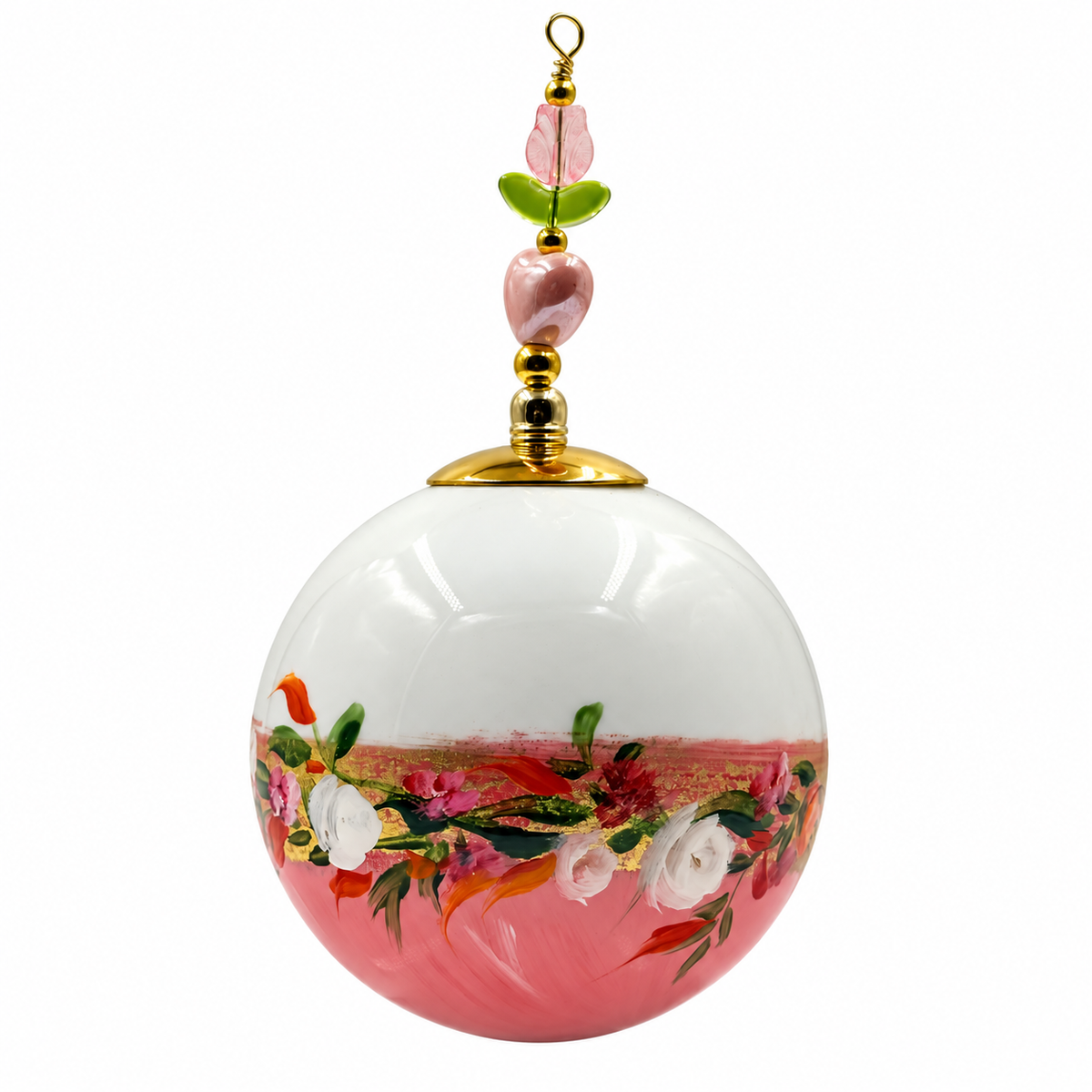 Boule de Noël fleurs avec perles 6,5 cm, référence 10 — bouquet blanc et rose sur rose, vue 2