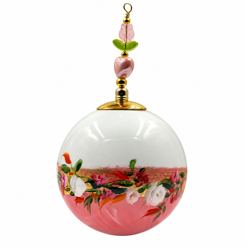 Boule de Noël fleurs avec perles 6,5 cm, référence 10 — bouquet blanc et rose sur rose, vue 2