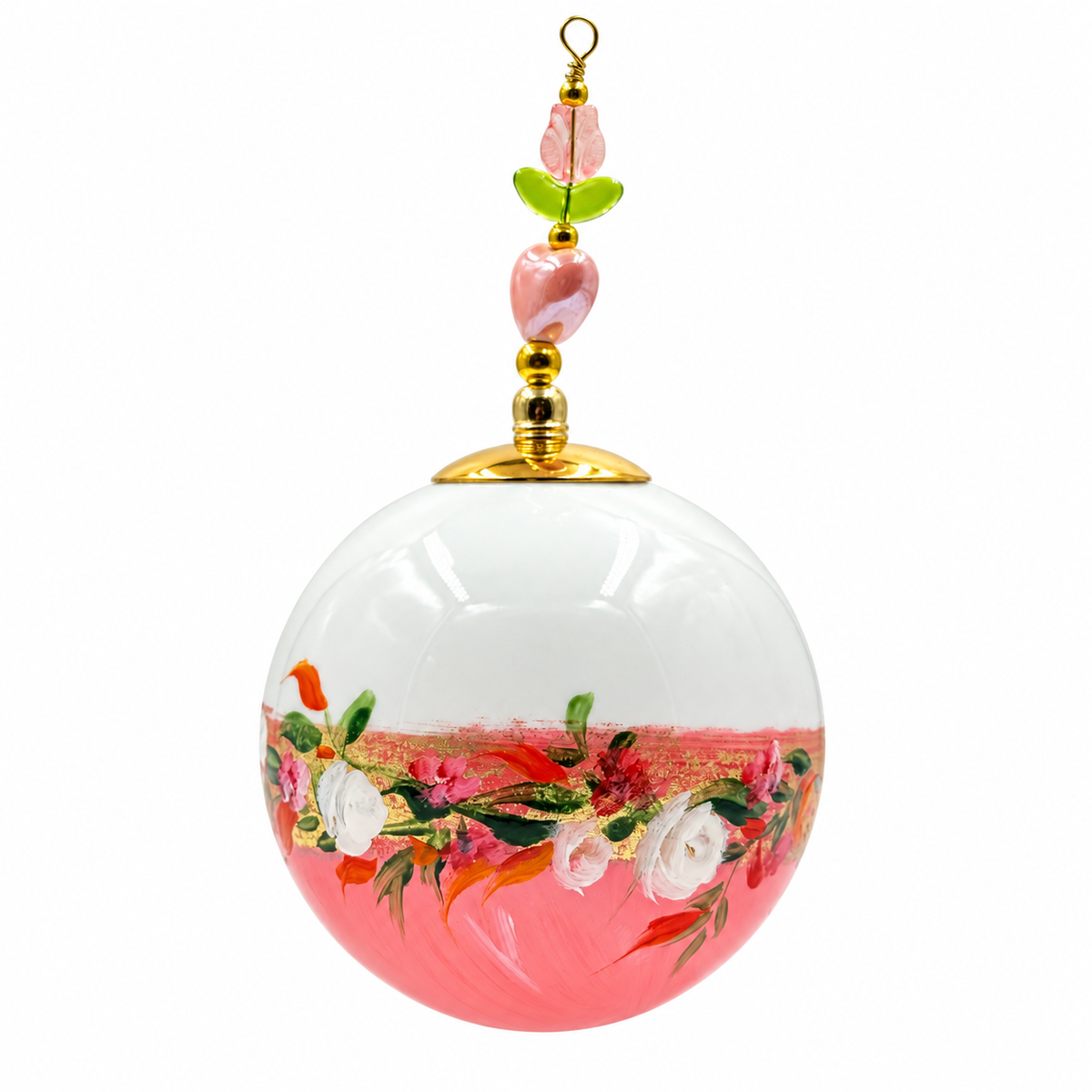 Boule de Noël fleurs avec perles 6,5 cm, référence 10 — bouquet blanc et rose sur rose, vue 3