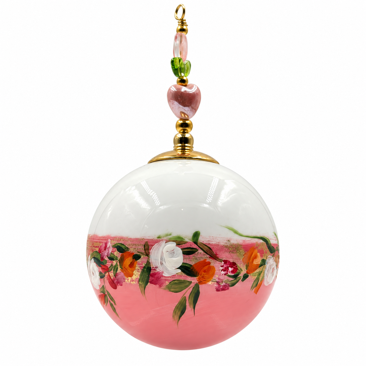 Boule de Noël fleurs avec perles 6,5 cm, référence 10 — bouquet blanc et rose sur rose, vue 4