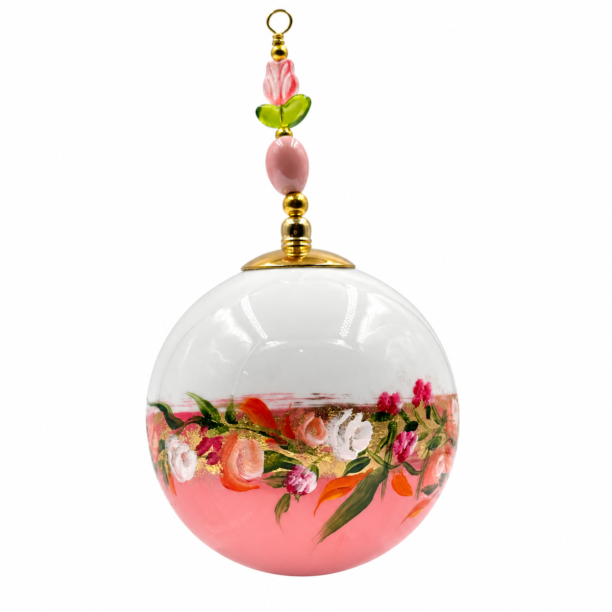 Boule de Noël fleurs avec perles 6,5 cm, référence 10 — bouquet blanc et rose sur rose, vue 5