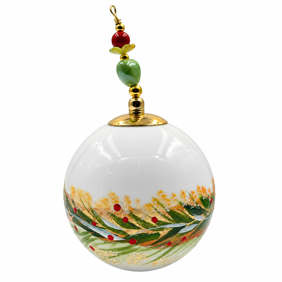 Boule de Noël fleurs avec perles 6,5 cm, référence 11 — feuillages verts et touches dorées, vue 4