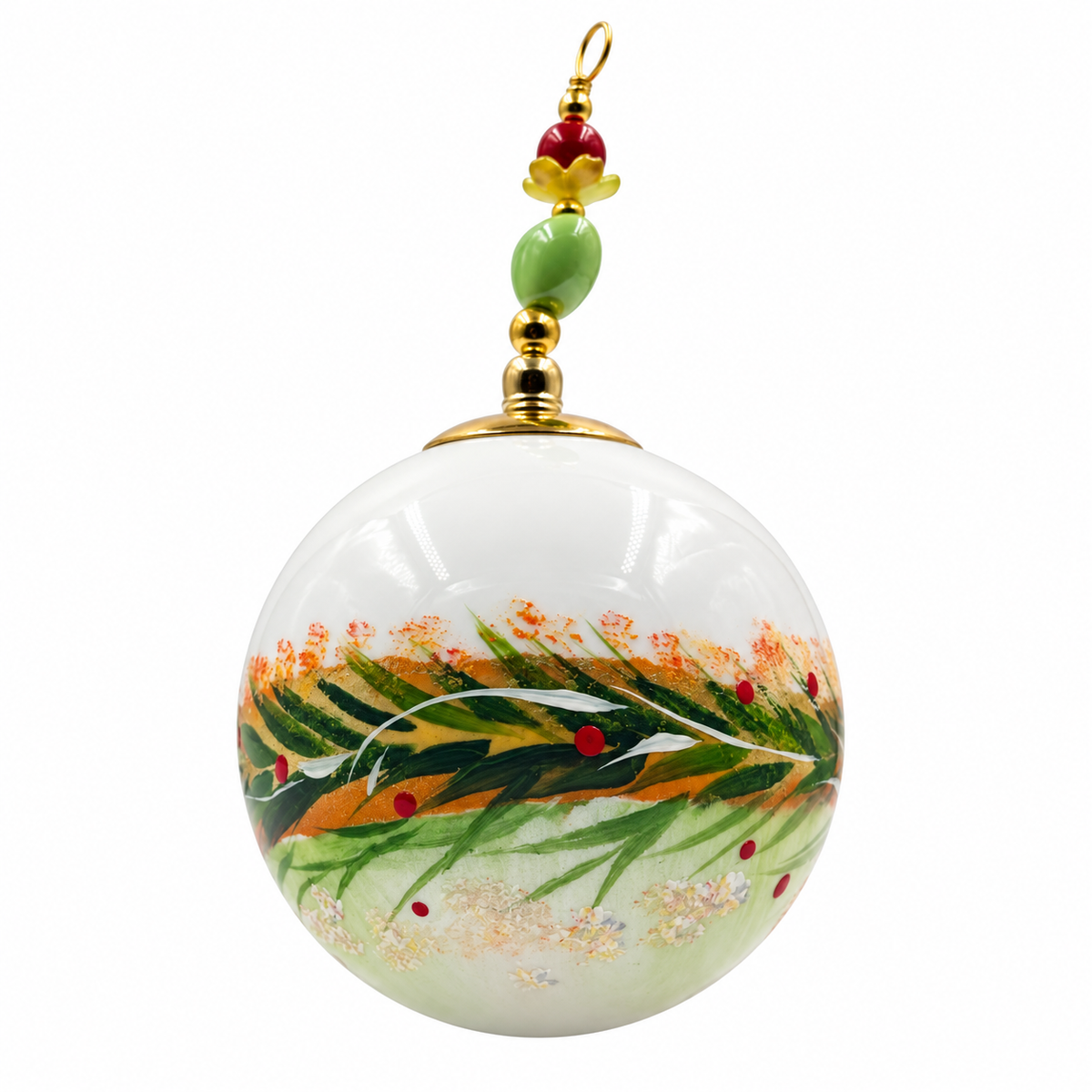 Boule de Noël avec perles 6,5 cm – Réf. 11 – Feuillages verts et touches dorées