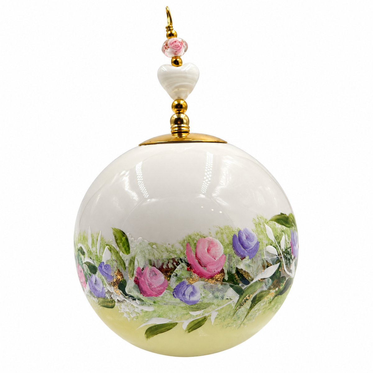 Boule de Noël avec perles 8 cm – Fleurs pastel sur jaune doux – Réf. 03, vue 3 — pièce unique peinte à la main