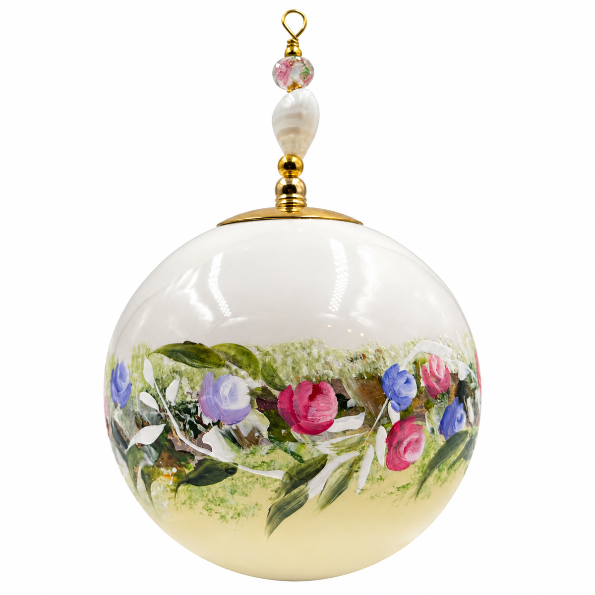Boule de Noël avec perles 8 cm – Fleurs pastel sur jaune doux – Réf. 03, vue 4 — pièce unique peinte à la main