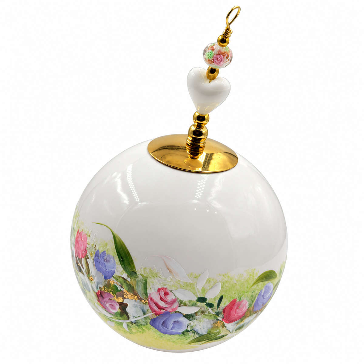 Boule de Noël avec perles 8 cm – Fleurs pastel sur jaune doux – Réf. 03, vue 5 — pièce unique peinte à la main