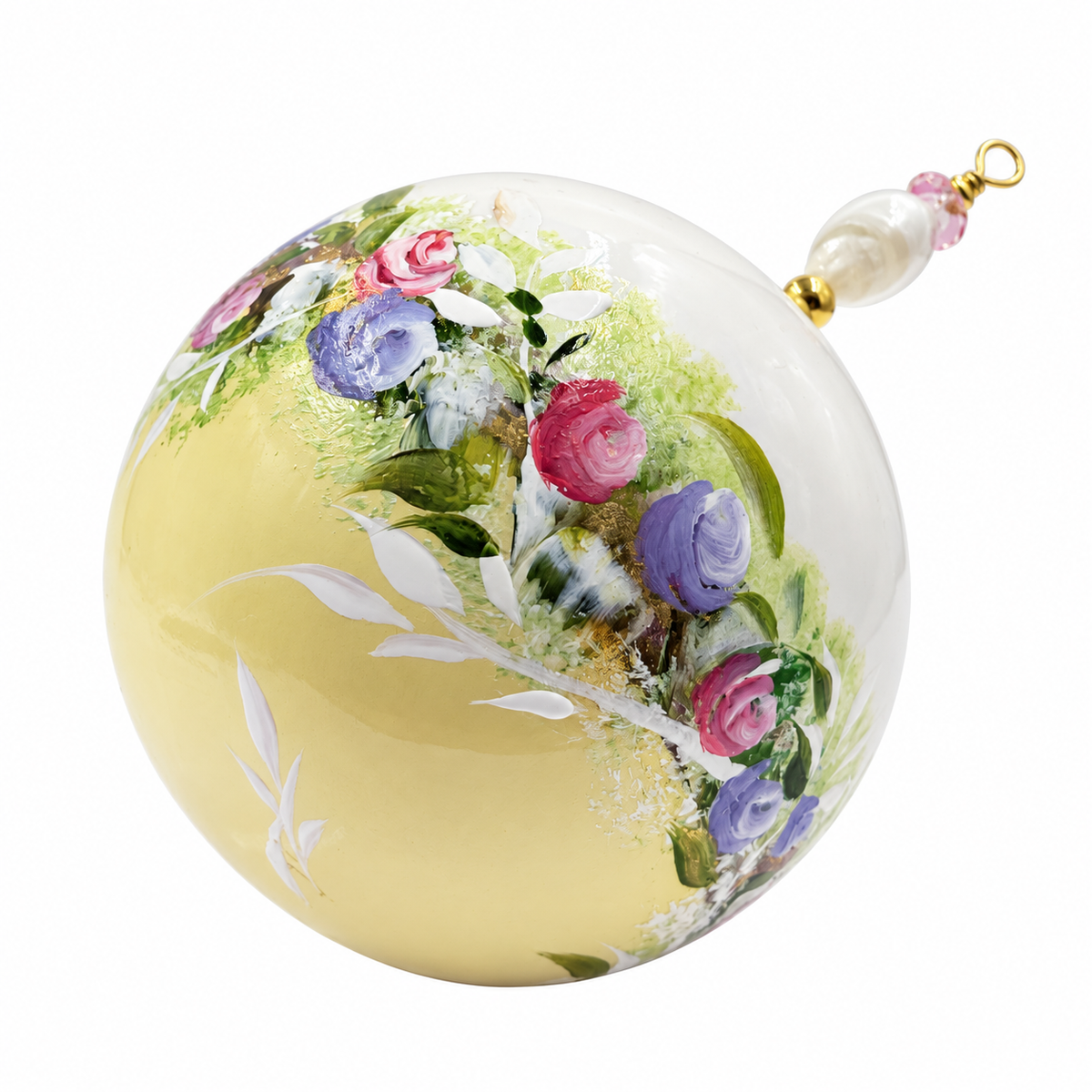 Boule de Noël avec perles 8 cm – Fleurs pastel sur jaune doux – Réf. 03, vue 6 — pièce unique peinte à la main