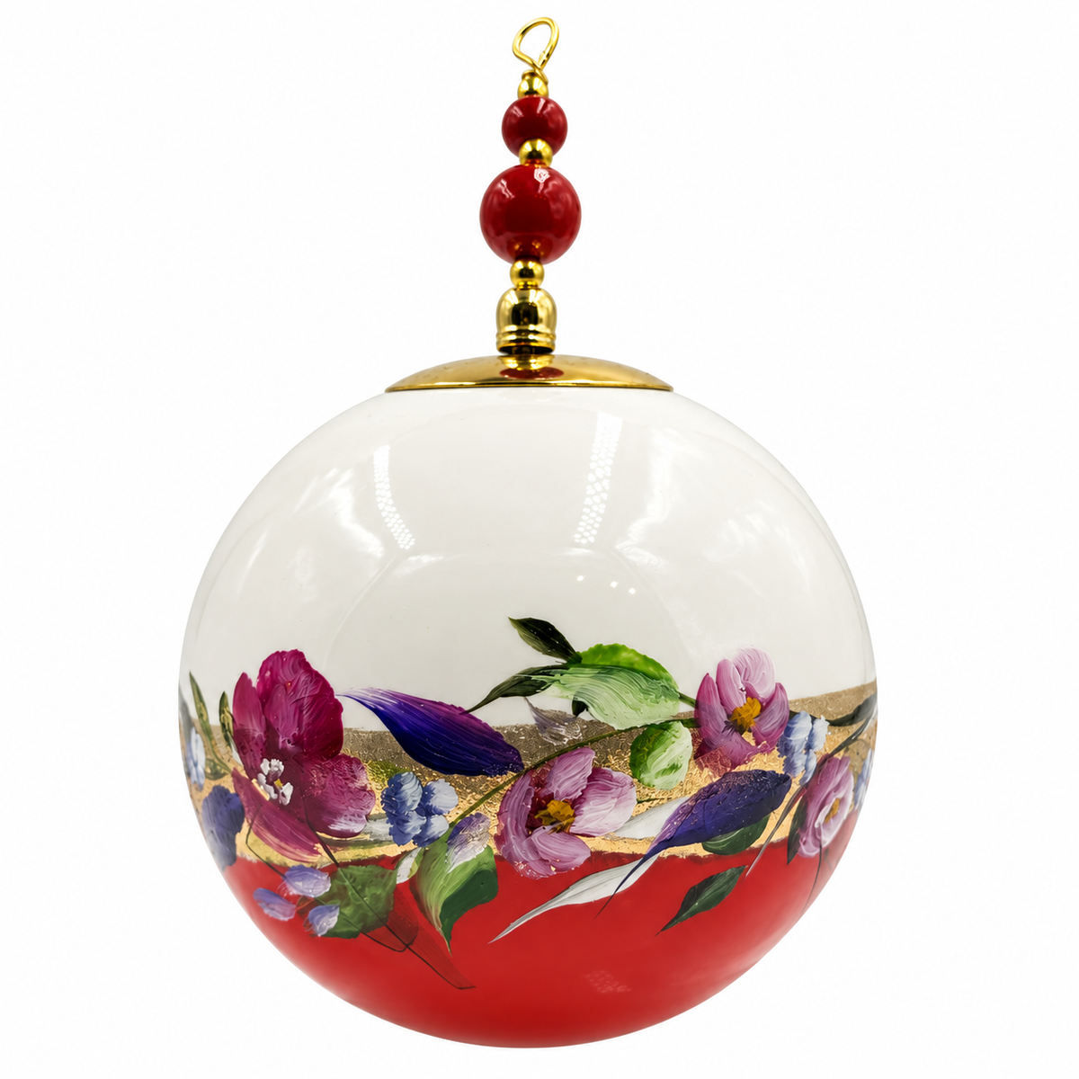 Boule de Noël avec perles 8 cm – Réf. 04 – Fleurs violettes sur rouge