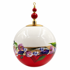 Boule de Noël avec perles 8 cm – Fleurs violettes sur rouge – Réf. 04, vue 2 — pièce unique peinte à la main