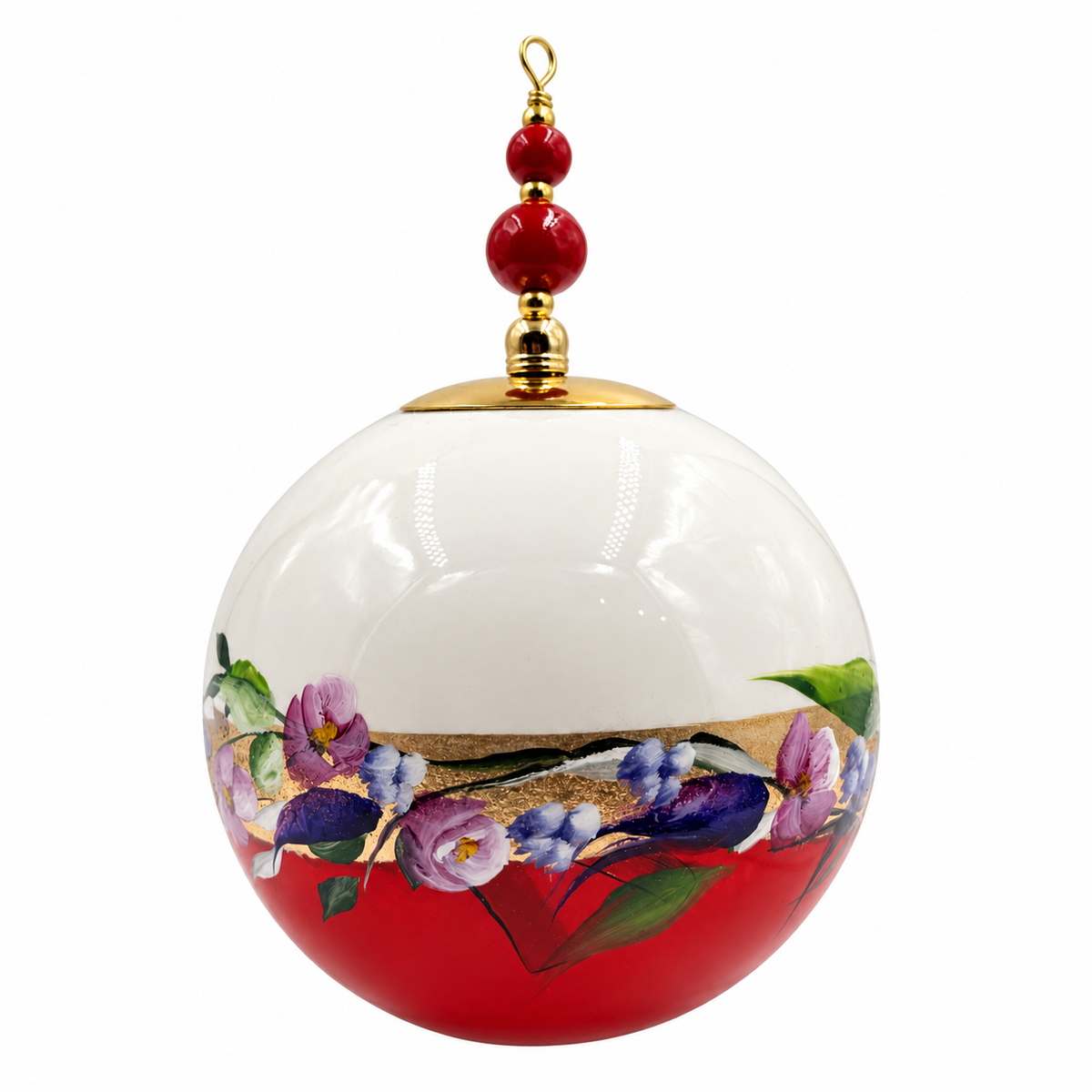 Boule de Noël avec perles 8 cm – Fleurs violettes sur rouge – Réf. 04, vue 2 — pièce unique peinte à la main