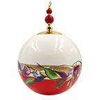 Boule de Noël avec perles 8 cm – Fleurs violettes sur rouge – Réf. 04, vue 3 — pièce unique peinte à la main