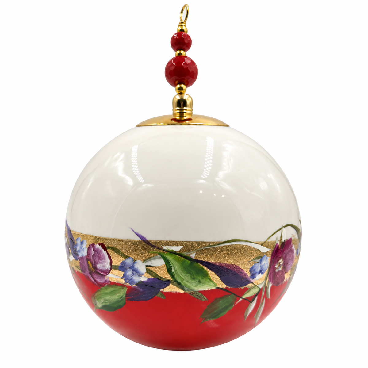 Boule de Noël avec perles 8 cm – Fleurs violettes sur rouge – Réf. 04, vue 3 — pièce unique peinte à la main