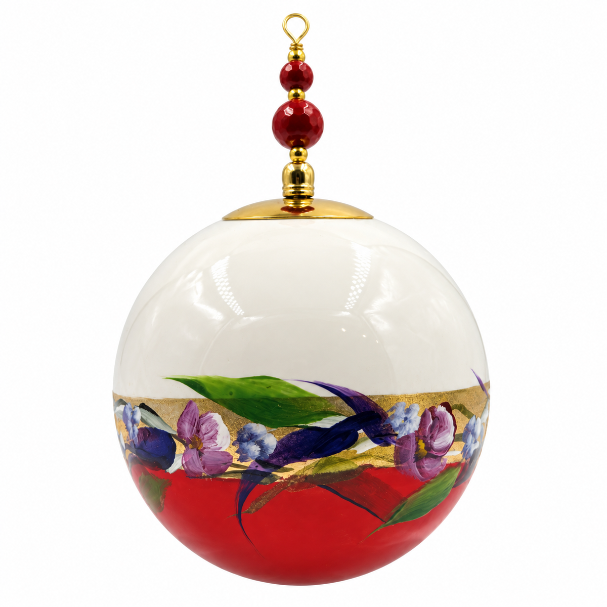 Boule de Noël avec perles 8 cm – Fleurs violettes sur rouge – Réf. 04, vue 4 — pièce unique peinte à la main