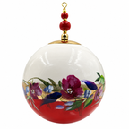 Boule de Noël avec perles 8 cm – Fleurs violettes sur rouge – Réf. 04, vue 5 — pièce unique peinte à la main