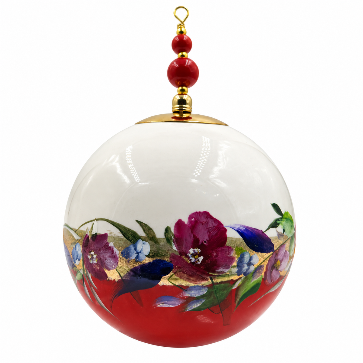 Boule de Noël avec perles 8 cm – Fleurs violettes sur rouge – Réf. 04, vue 5 — pièce unique peinte à la main