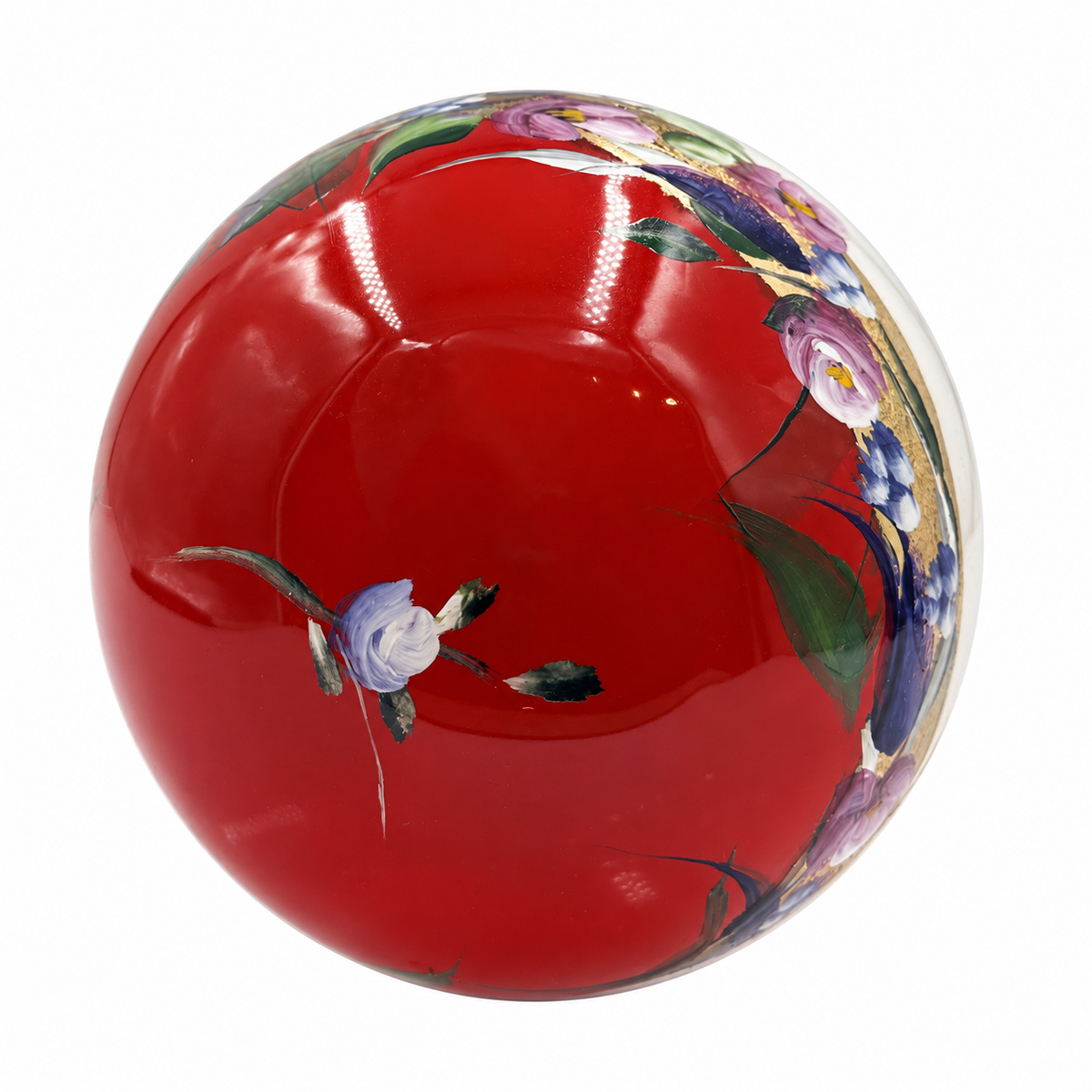 Boule de Noël avec perles 8 cm – Fleurs violettes sur rouge – Réf. 04, vue 7 — pièce unique peinte à la main