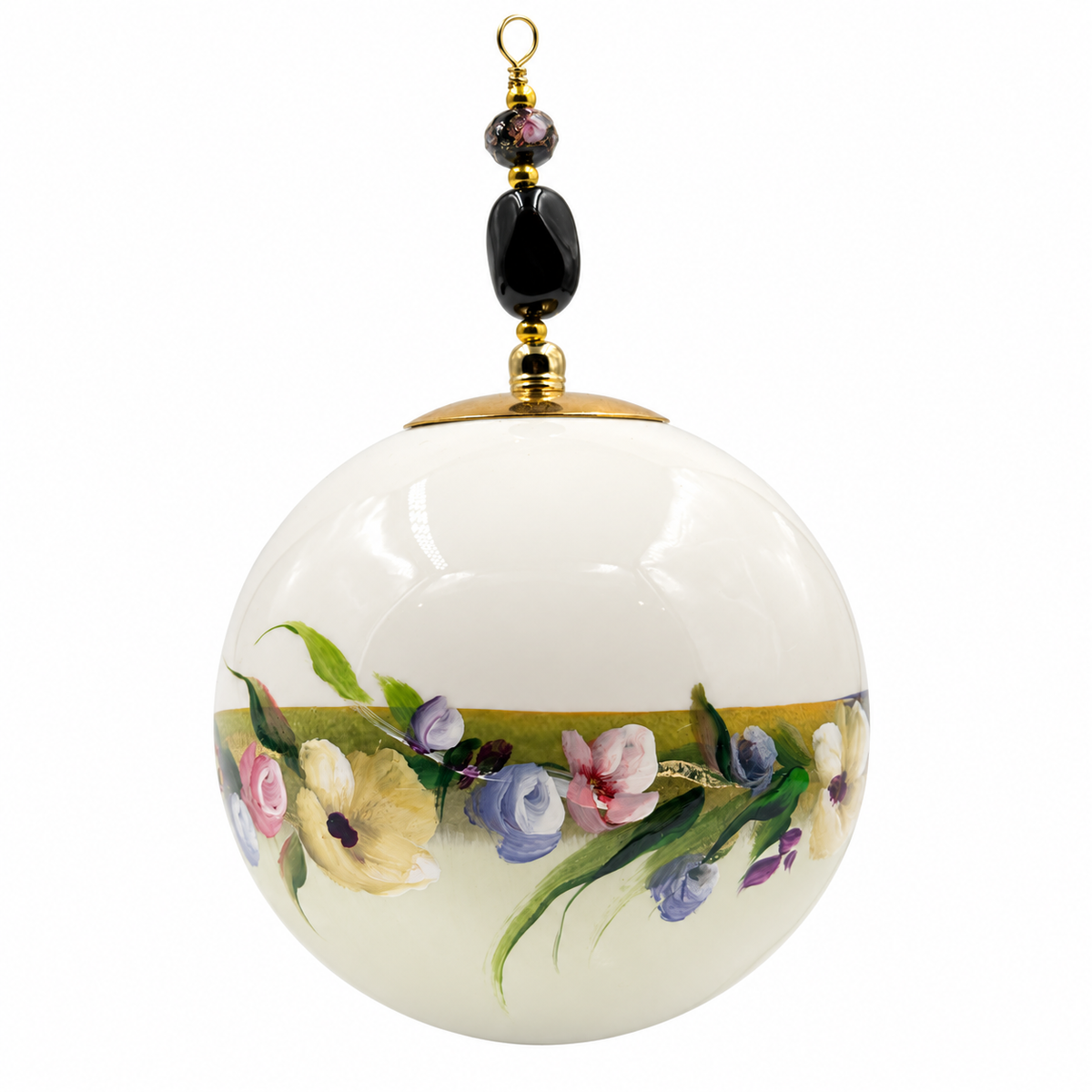Boule de Noël avec perles 8 cm – Réf. 05 – Bouquet multicolore sur vert pâle